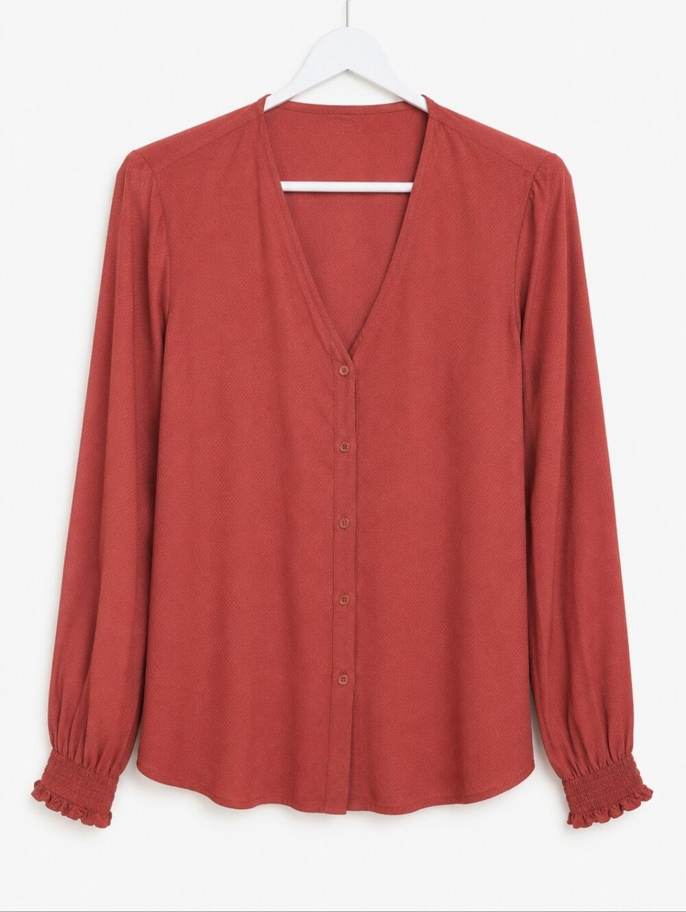 ​Frank And Oak Rust Orange V-Neck Button Down Long Sleeve Dobby Viscose Blouse